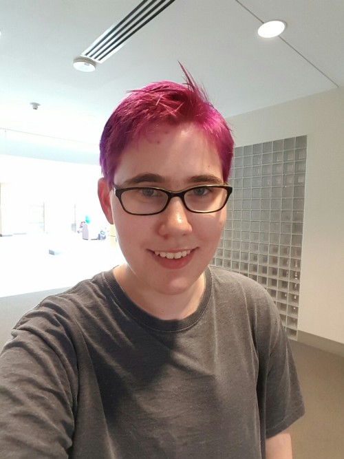 The purple hair for Andy Appreciation Month is back! The first picture was earlier at the library, a