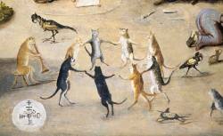 animulavagulablandula:    Cats dance to a Satanic tune in a detail from “The Witches Cove”, a 16th century Flemish painting by a follower of Jan Mandijn.   