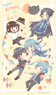 foxkunkun:  Happy birthday to Aoba, Sei, Ren and Sly!! I also included a floating renao (its transparent!!)  These precious boys deserve all the happiness in the world ( ´っ•ч•ｃ` )   