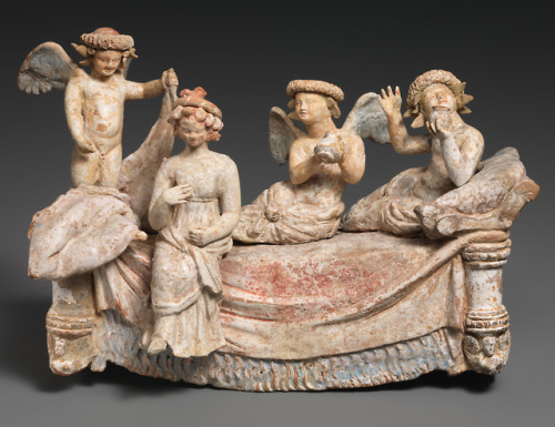 Terracotta kline (couch) with nuptial banquet and Erotes Greek, Hellenistic Period, c. 3rd to 2nd ce