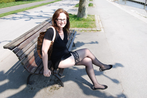 slutsabine:  As requested some more enjoying to public show off my pale mature legs in stockings