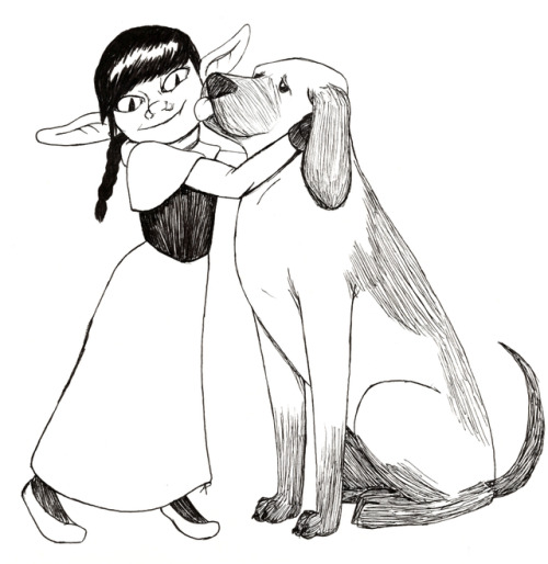 Inktober 28Goblin girl has a dog now! What a gift!(gift was the prompt)