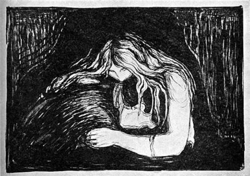 artist-munch:Vampire II, 1902, Edvard MunchMedium: crayon,tusche,paper