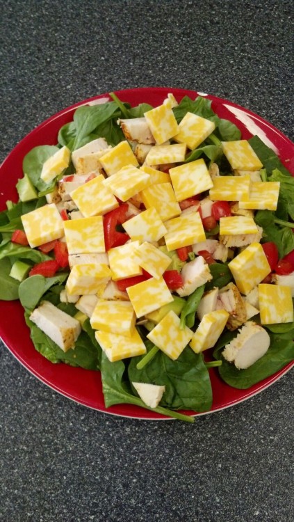 fitchris25:  Spinach salad with avocado, tomato, chicken breast and cheese. And, of course, topped with four fried eggs.k
