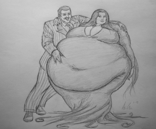 ray-norr:  Commissioned Sketch: Mega-Sized Morticia Addams (with Gomez Addams)