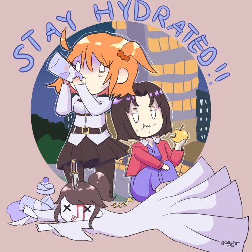 jelly-sugarcube:daily reminder from the chaldea farming team to always stay hydrated while farming 