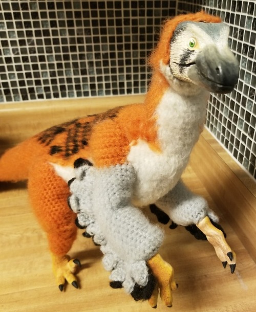 asleepymonster: Velociraptor doll made from sculpy and crocheted parts. It’s coloration is bas