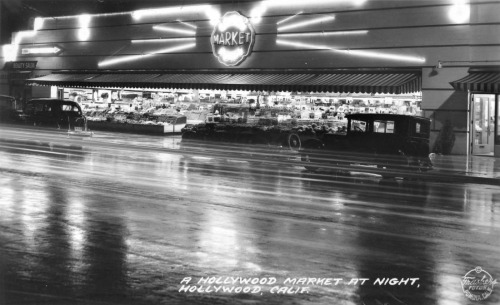 A brightly lit market on a rainy night in Hollywood, 1938.