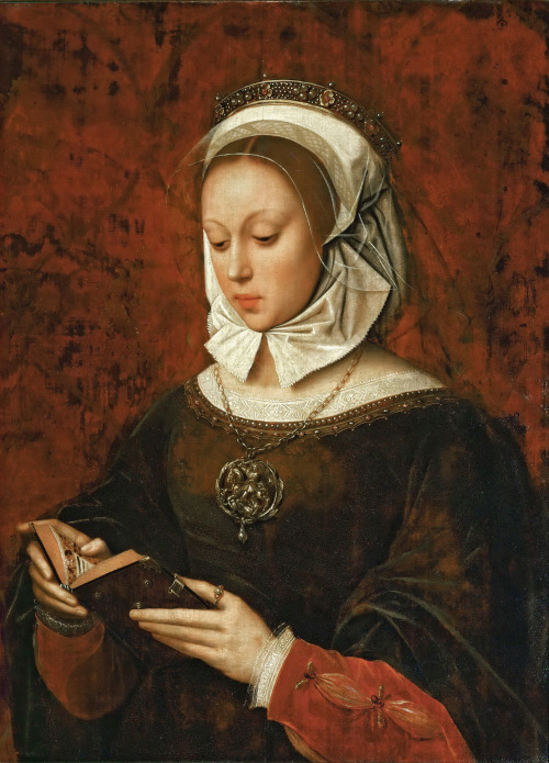 medievalautumn:   Young Woman in Orison Reading a Book of Hours by Ambrosius Benson  (circa 1495–1550) 