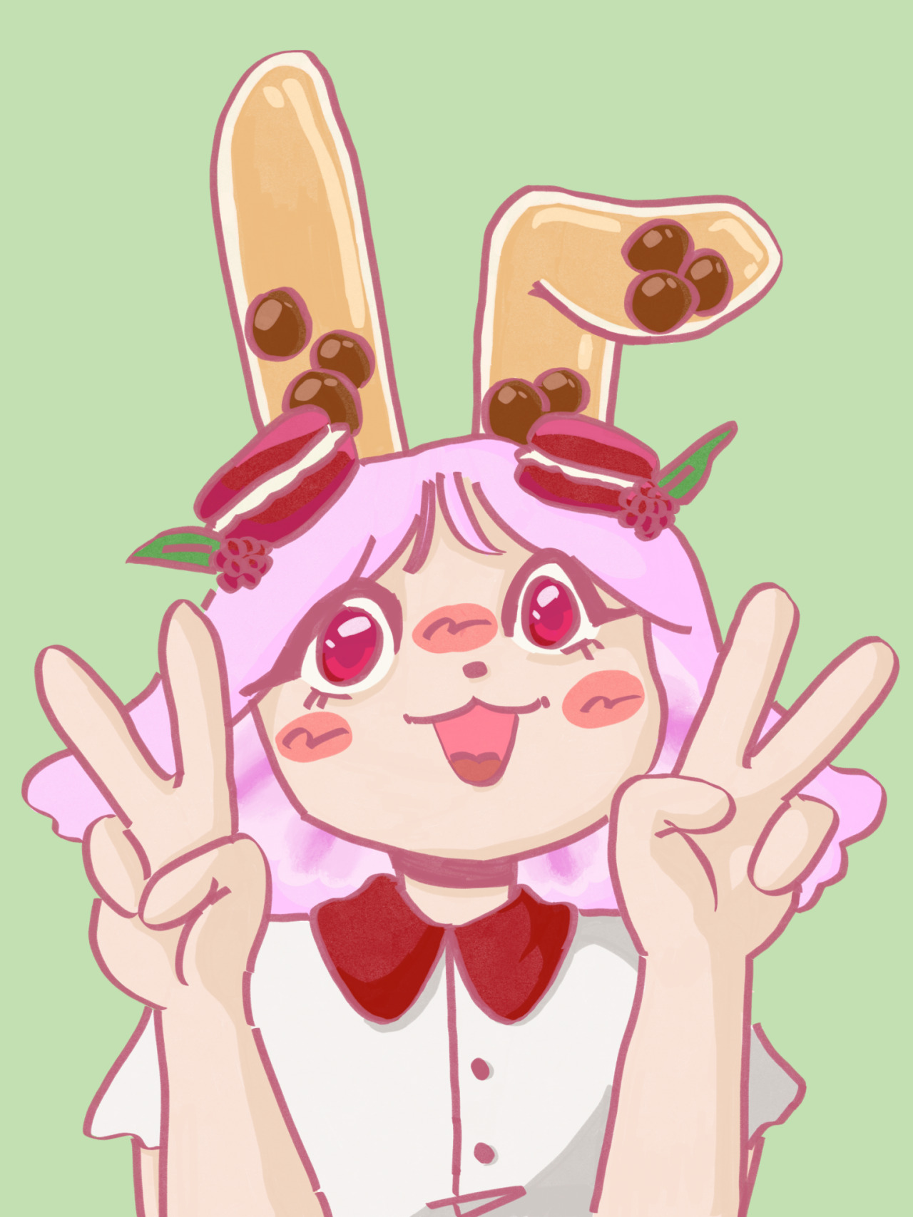 A bust drawing of a person, named Sugar Tea, with pink hair and boba tea bunny ears in a cafe uniform posing with double peace hand signs.