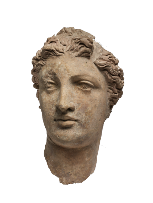 ceramicfigs:terracotta head of a woman, greek colony of tarentum in southern italy, 3rd-2nd century 