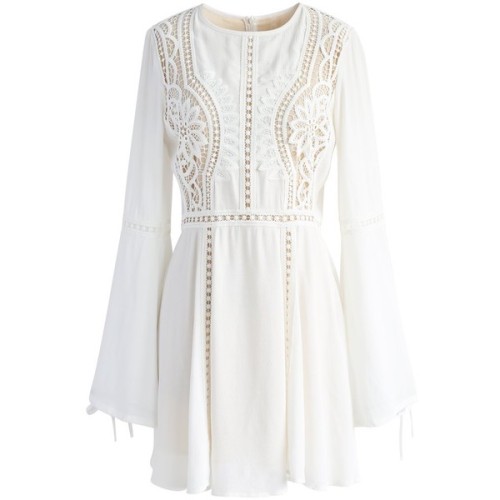 Chicwish Crochet Diary White Dress with Bell Sleeves ❤ liked on Polyvore (see more short dresses)