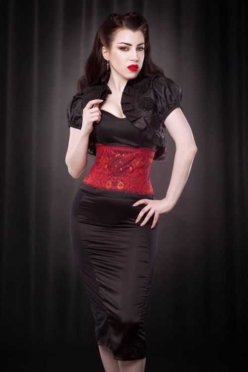 kissmedeadlier:  Red lace demi corset, ruffle adult photos