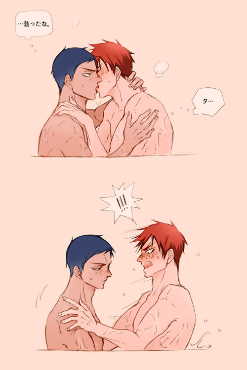maliiiik:   Ao : Hey www your dick is touching, you bastard wwwKa : I know, just shut up. Ao : …He is hard huh.Ka : Ha…Ka : !!!Ao : Kagami’s an angel.Ka : A-o-mi-ne…  Sauce : TMH 