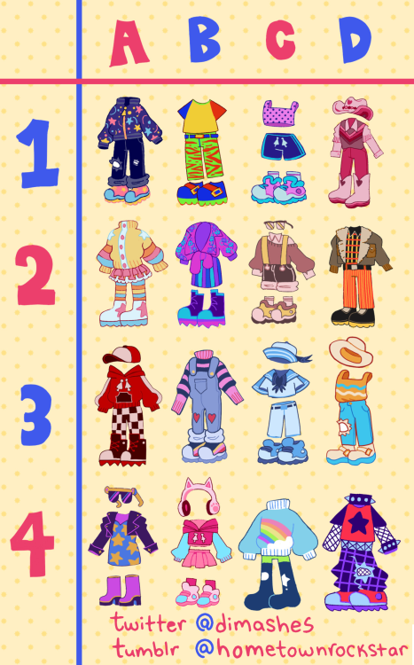 hometownrockstar: heres the new and improved outfit art meme i made, i added an extra row and everyt