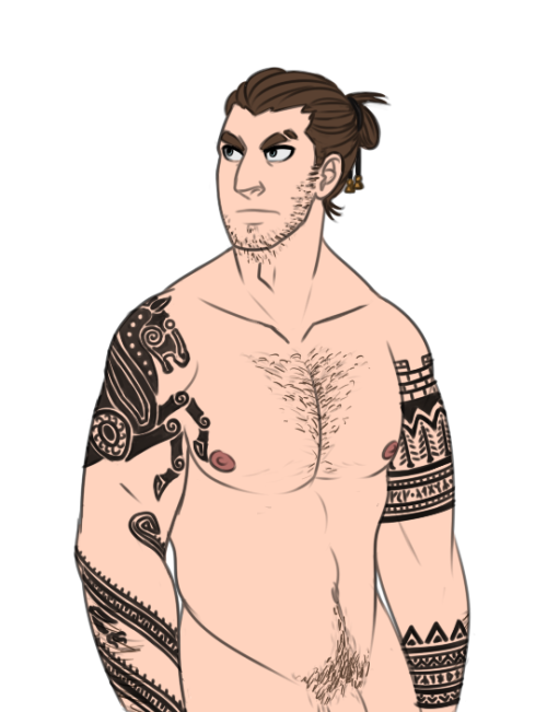 bavarii:  As a bonus, here is an undressed sketch version of the previous pic where Alaric’s tattoos are more visible (I’m really proud of the horse one)