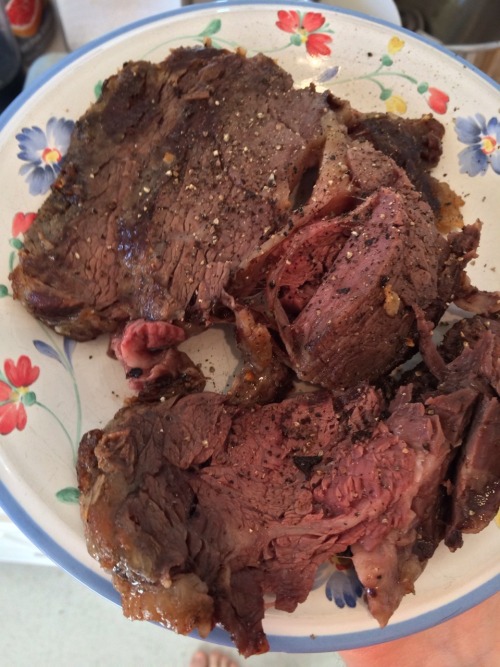 slow cooked salted grass fed prime rib covered in garlic sage butter.