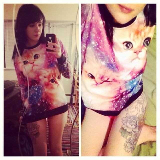 pharoahhh:  +3 sweater swag. Thank you @blakeaholics 💖💜🌠🌌🐱 #girlswithtattoos