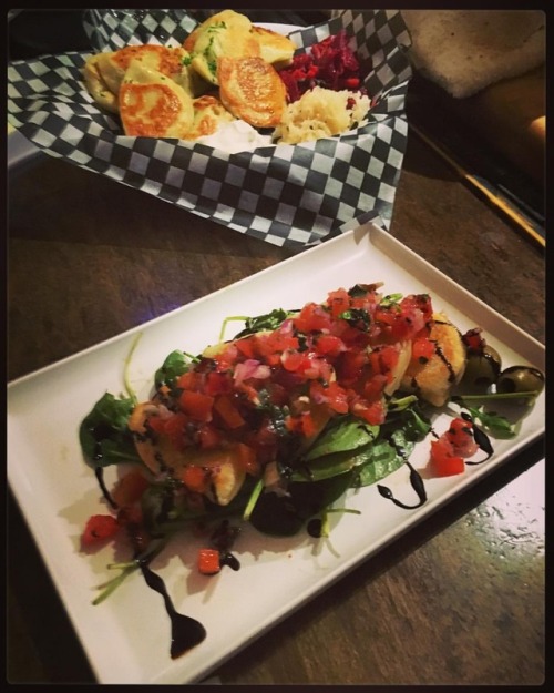 ￼￼￼￼Light and fresh BRUSCHETTA PEROGIES!! 4 handmade potato & cheddar perogies topped with Roma 