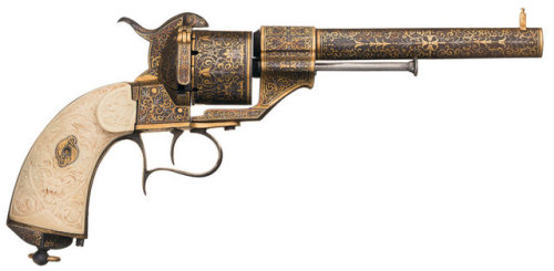 Gold damascened Spanish pinfire revolver with carved ivory grips, crafted by Placido Zuloaga. Inscri