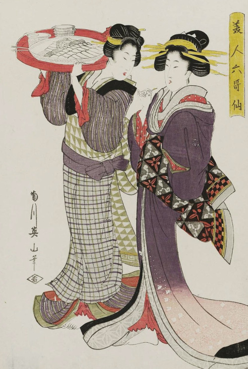 Two women, one holding a tray.  Ukiyo-e woodblock print, About 1808, Japan, by artist Kikugawa 