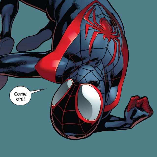Miles Morales in his suit uspide down during a backflip with a dialogue bubble thats says "Come on!". It's over a blue metallic solid colour background