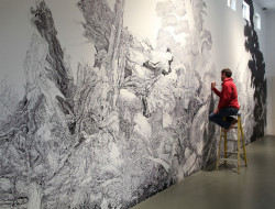 mymodernmet:  After seven long months of work, California-based artist Sean Sullivan finished Grand Pale Maw, an expansive, nature-inspired drawing that covered the wall of a hallway in the Los Angeles Contemporary Exhibitions (LACE) gallery. The mural,