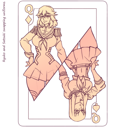 A little sketch, of Ryuko and Satsuki switching uniforms as the 2 sides of the Q card If you fell li