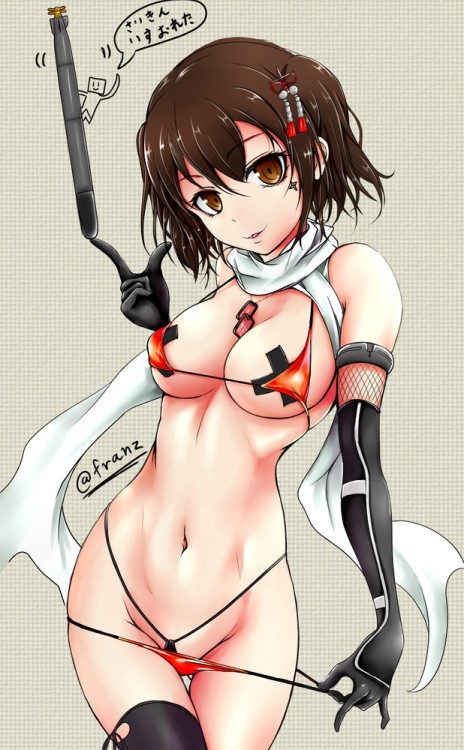 艦隊これくしょん、川内（艦これ）、franz (217franz)、高解像度、おへそ、ビキニ、ニプレス、マフラー、トルピード、ドッグタグ、ショートヘア、マイクロビキニ、ロンググローブ、サイハイソックス、ツーサイドアップ、カウボーイショット、adapted