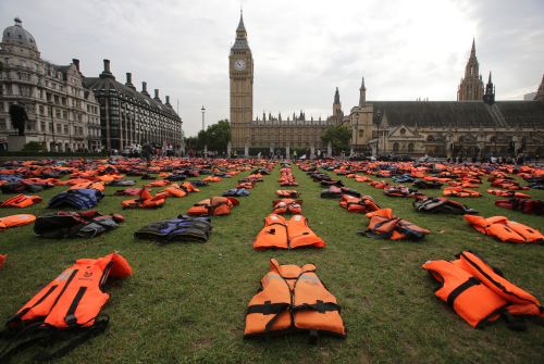 micdotcom:  Londoners awoke Monday morning to find the city’s Parliament Square, in the shadow of Big Ben, filled with empty life jackets. “Life jacket graveyard” is a tribute to refugees who have drowned trying to come to Europe. The powerful