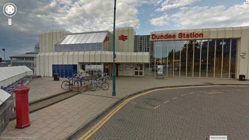 streetview-snapshots:Dundee Station - a modern building with a Victorian postbox outside. This is th