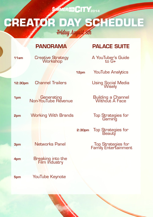 At last, here is our much anticipated schedule for Creator Day! All scheduled content will be taking