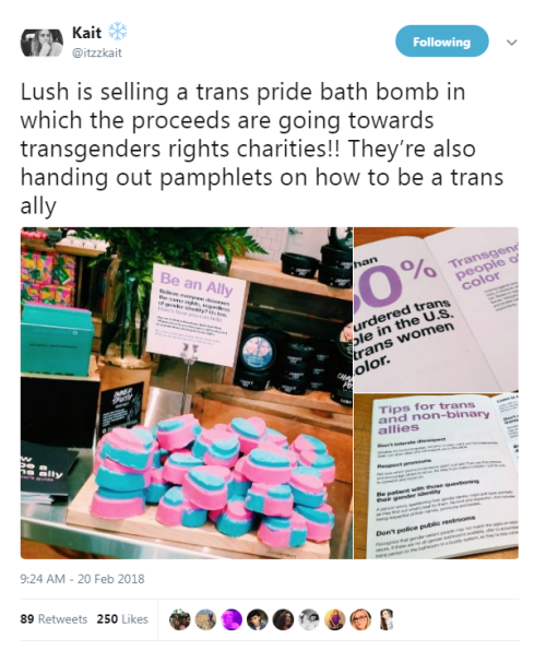 “Lush is selling a trans pride bath bomb in which the proceeds are going towards transgenders rights