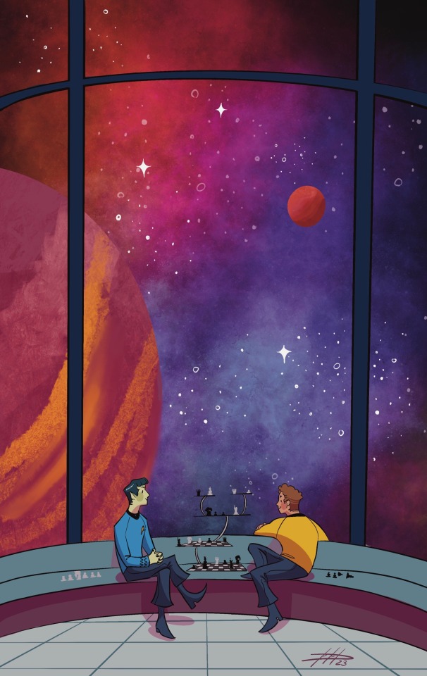 Fanart depicting Kirk and Spock from Star Trek's original series, sitting together playing 3D chess with a beautiful view of outer space in the background.