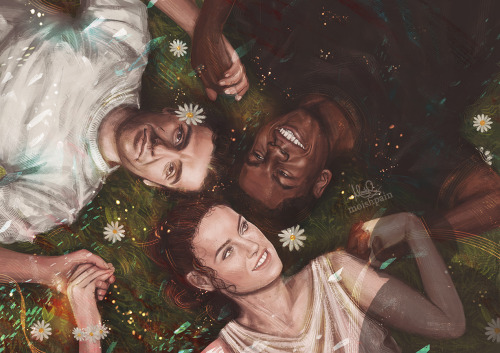 Rey, Finn &amp; Poe laying in grass with daisies :) [twitter]took me almost two weeks to finish 