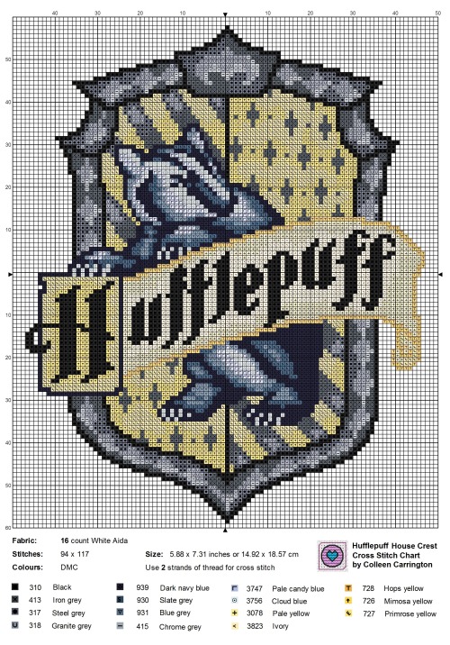 14ct = 18x22cm Hogwarts House Crest HUFFLEPUFF Cross Stitch Chart