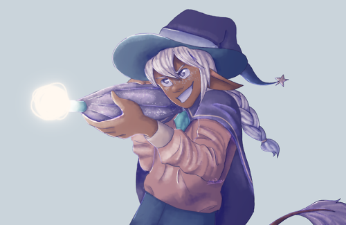 taz-ids: peaches-n-sunsets: its him!! from tv! [ID] A full color drawing of Taako, shown from the wa