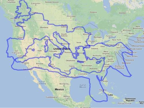 crossing-rubicon:roman empire superimposed over map of the United States montana is the germania of 
