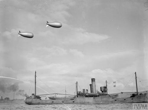 Barrage balloons for merchant ships in convoy, to defend againstdive-bombers (Greenock or Gourock, S