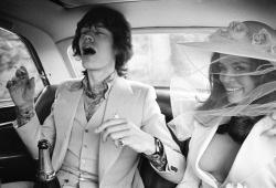 blackpicture:  Patrick Lichfield Mick and Bianca Jagger after their wedding. St. Tropez. France (1971)