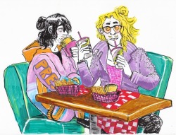 yaycreamymancakes: i did few commissions to cover some unexpected bills and this here’s the first one! drew mic &amp; aizawa having a romantic lunch date w/ aizawa wearing ‘present mic’ track suit