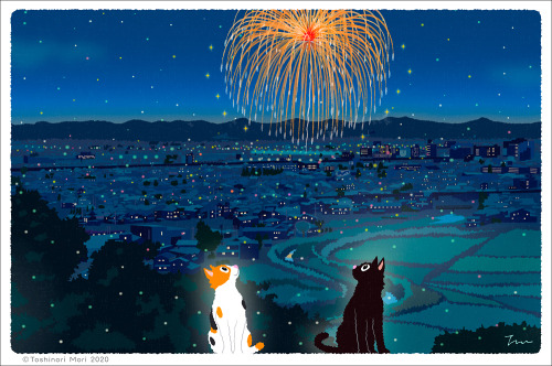たびねこイラスト新作の「夏の打ち上げ花火」です。山の上から長岡花火の正三尺玉（とにかくでかい打ち上げ花火）を見る、猫たちを描きました。この絵を描くために眺めのいい場所を探していろんな所へ行ってみたので