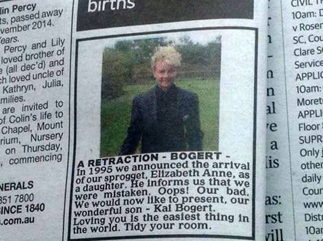 Woman pens amazing newspaper retraction in support of transgender son “Yolanda Bogert took out