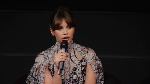 Felicity Jones with fellow cast members and Gareth Edwards at a Q&amp;A after a screening of Rogue O