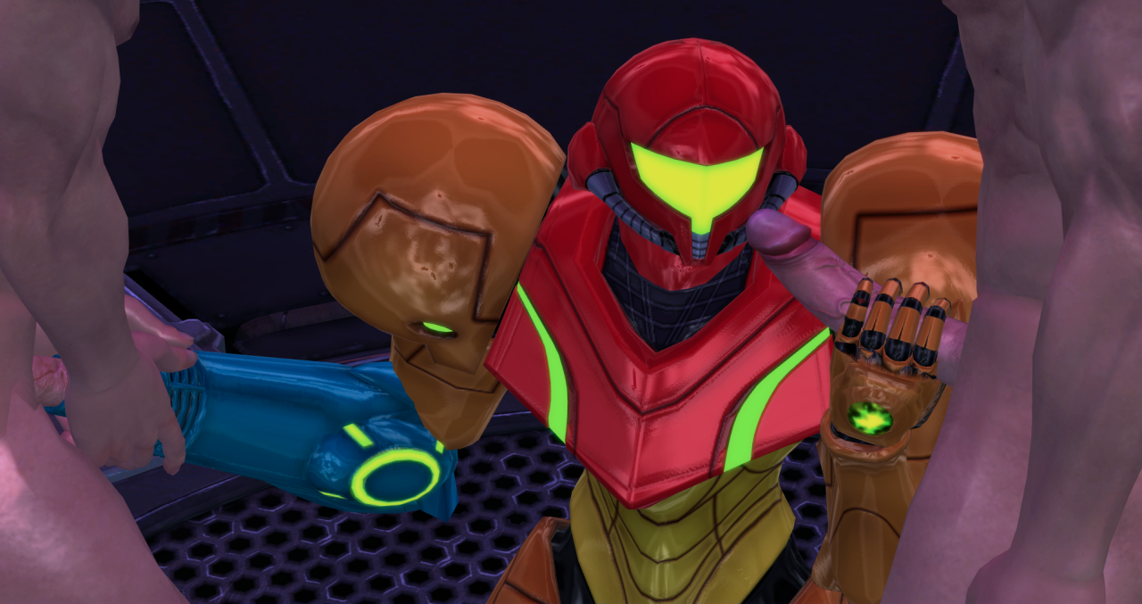 snow-kitsunes-den:  Samus Aran in her Variasuit pleasing a few guys. Art trade with