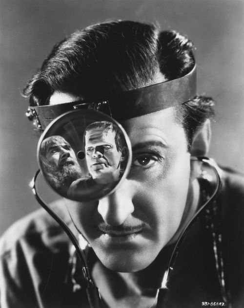A terrific photo composite for “Son of Frankenstein” featuring Basil Rathbone as the doc