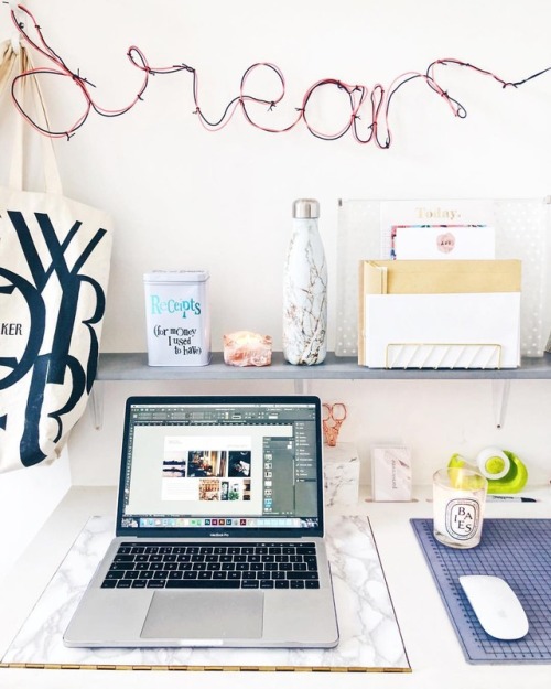 parisiemme:Welcome to my workspace ‍ I know - rose gold, marble, Diptyque candles and neon signs