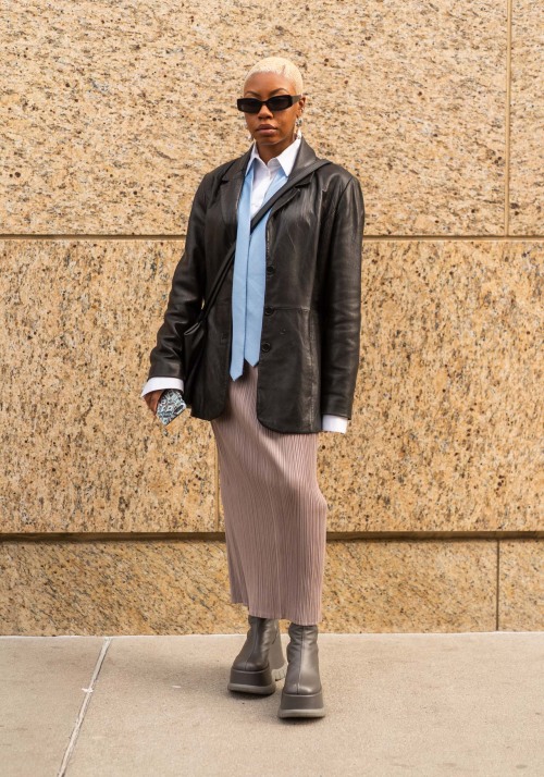 nyc-looks:Mel “I am wearing an Issey Miyake skirt, Cult Naked button down, vintage leather blazer, S