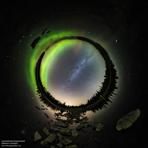 Spherical panorama (stereographic projection) of the Milky Way over Lake Storsjön in Jämtl