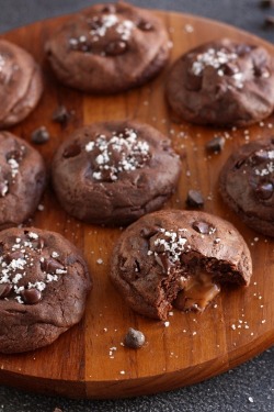 wolverxne:  Salted Caramel &amp; Nutella Stuffed Double Chocolate Cookies - by: [Annalise Sandberg] | {Recipe}   Holy&hellip;fuck&hellip;.